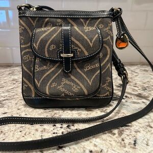 Dooney and Bourke slim crossbody vintage denim logo hearts black and tan